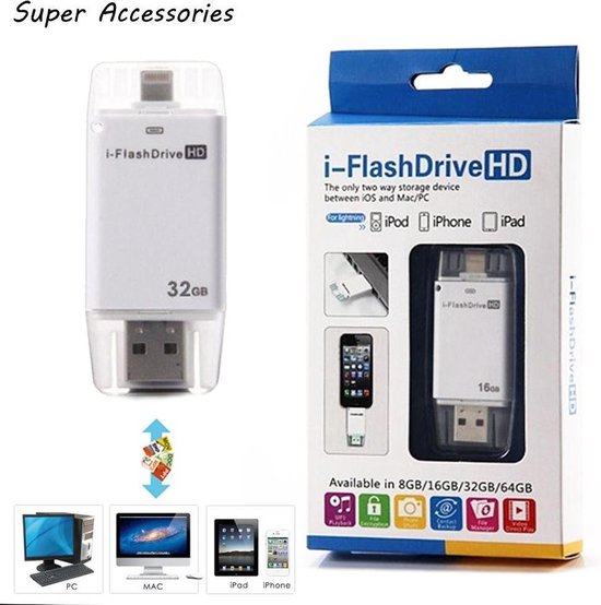 i-Flash Driver HD U Disk USB-drive Memory Stick, voor all iPhone models / iPad / iPod touch 16GB (Wit ' White ) - i-FlashDrive OTG