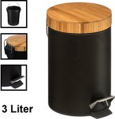 Decopatent® Pedaalemmer 3 liter - Met Bamboe Houten Deksel - Pedaalemmer 3L - Prullenbak - Keuken toilet - 17Øx25.5 Cm - Mat Zwart