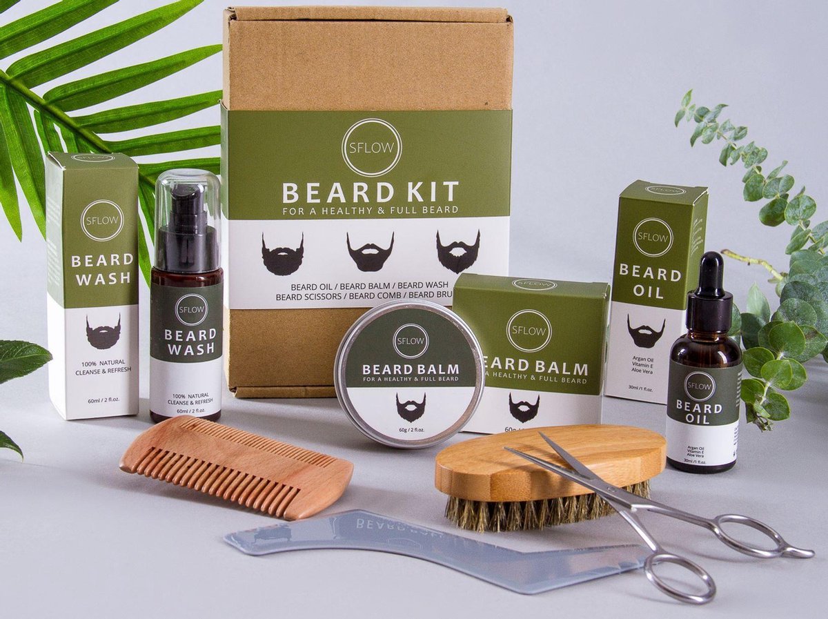 Sflow Baardverzorgingset - Verzorgt je baardhaar - Baardverzorging voor alle baardstijlen - 100% natuurlijke ingrediënten - 7-delig - Geschenkset