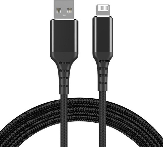USB A naar Lightning kabel - 2.0 - Apple MFI gecertificeerd - Nylon mantel  - Zwart - 1... | bol.com