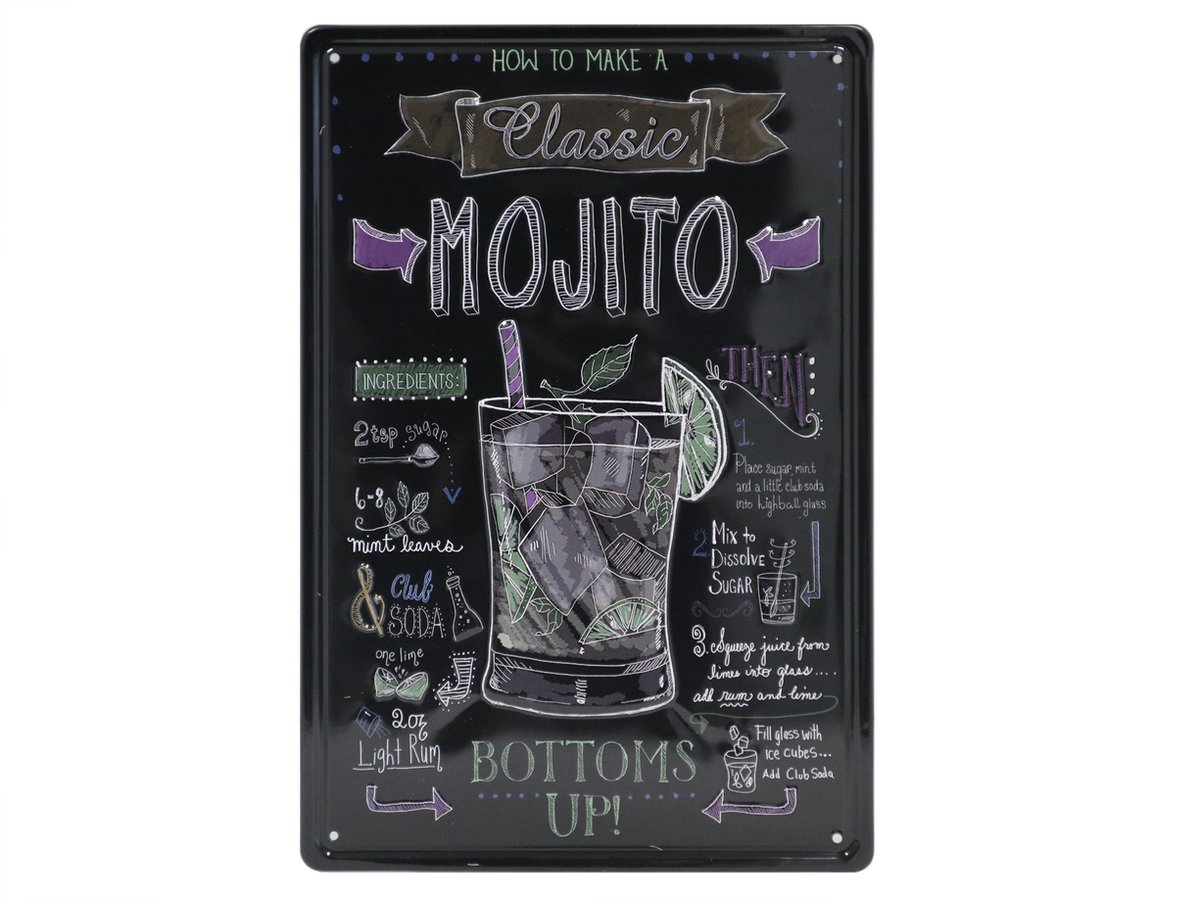 Wandbord – Mojito – Cocktail - Bier - Retro - Wanddecoratie – Reclame bord – Restaurant – Kroeg - Bar – Cafe - Horeca – Metal Sign – 20x30cm