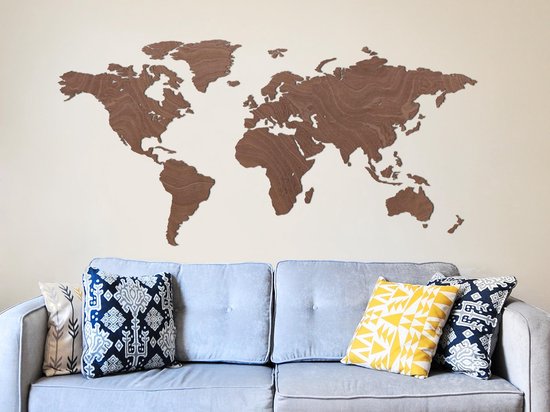 DÉCORATION MURALE EN BOIS - DÉCORATION MURALE - ART MURAL - CARTE DU MONDE - 150 x 74 cm - BOIS FONCÉ - ATLAS - TERRE - CONTINENTS - VOYAGE - TOUR DU MONDE