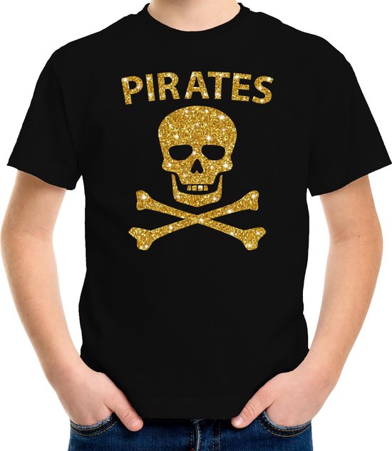 Piraten verkleed shirt goud glitter zwart voor kinderen - piraten kostuum - Verkleedkleding 122/128