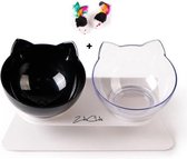 ZaCia Dubbele Voerbak Kat incl. Kattenspeeltje - Zwart Transparant - Dieren Water & Voer Set - Dubbele Voerbak Huisdieren - Eetbak - Katten - Honden - Katten Voerbakjes - Katten Honden Voedin
