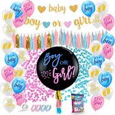 Fissaly 42 Stuks Gender Reveal Party Ballonnen Decoratie - Baby Boy or Girl Geslachtsbepaling Feestpakket – Papieren Confetti Roze & Blauw