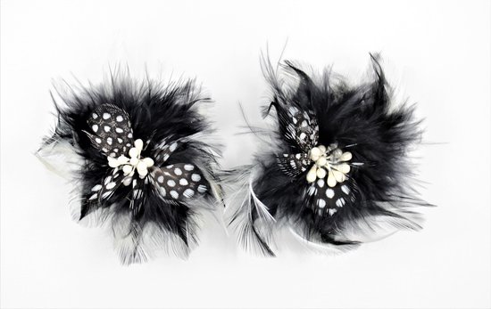 2 x Pompon Feather Clip Black-white
