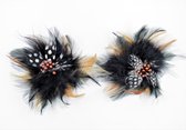 2 x Pompon Hair Feather Clip Brown-White-Black