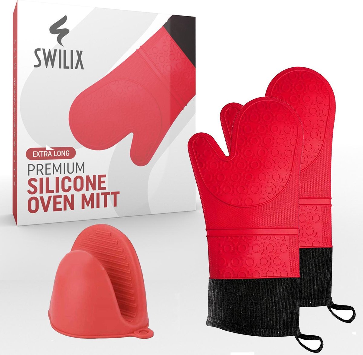 SWILIX ® Ovenwanten 2 stuks - Ovenhandschoenen - Siliconen Ovenwant - BBQ handschoen - Extra Lang - Rood