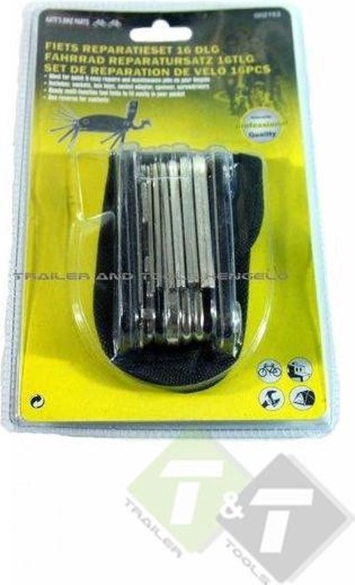 Fiets reparatieset 16-delig met inbussleutels, schroevendraaiers en dopsleutels in compacte etui