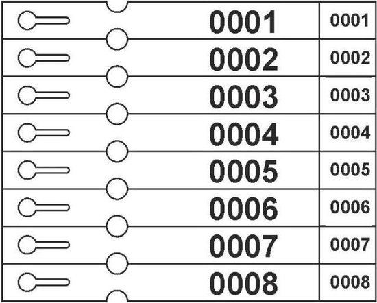 Sleufetiketten / Bagageticket – 104 stuks - 8 Etiketten per vel – Genummerd 1 t/m 104 (zwart) – 250 x 25mm + afscheurstrook