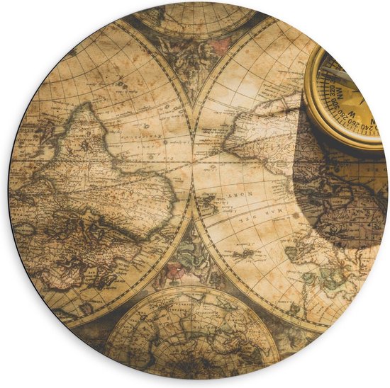 Dibond Wandcirkel - Oude Wereldkaarten met Kompas  - 60x60cm Foto op Aluminium Wandcirkel (met ophangsysteem)