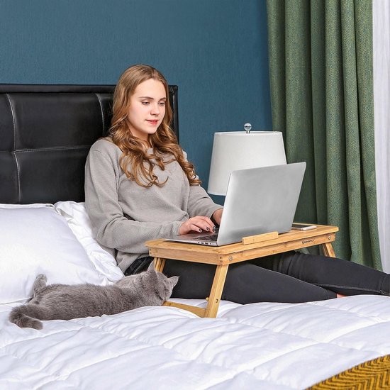 ROSSIE HOME Bamboe bedlade schootbureau - set van twee - met Hyacint opbergmand - Java - geschikt voor laptops tot 15,6 inch - stijl nr. 70102