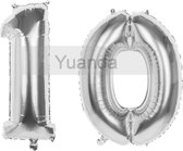 10 Jaar Folie Ballonnen Zilver- Happy Birthday - Foil Balloon - Versiering - Verjaardag - Man / Vrouw - Feest - Inclusief Opblaas Stokje & Clip - XXL - 115 cm