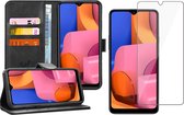 Hoesje geschikt voor Samsung A20s en Screenprotector - Book Case Leer Wallet Cover Zwart + Screen Protector Glas