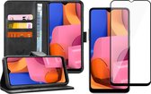 Hoesje geschikt voor Samsung Galaxy A20s - Screen Protector FullGuard - Book Case Leer Pasjeshouder Zwart & Screenprotector