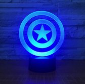 3D nachtlamp Captain America schild - led nachtlampje - 3D led kinderlamp 7 kleuren – kindernachtlamp ster
