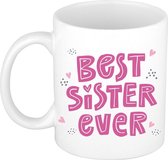 Best sister ever cadeau mok / beker wit met roze letters en kleine hartjes