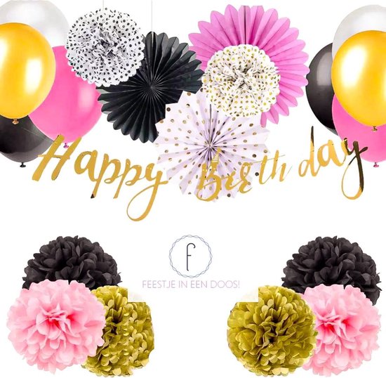 Happy birthday decoratie pakket - feest versiering - black pink - zwart goud roze... | bol.com