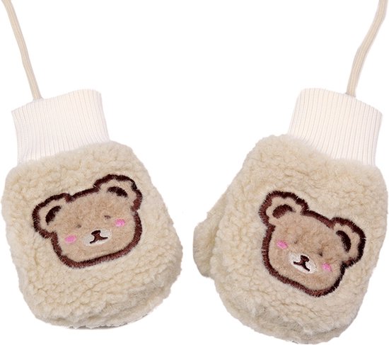 Crèmekleurige teddy fleece wanten met geborduurde bruine teddybeer en roze wangetjes. Witte gebreide boorden en koord.