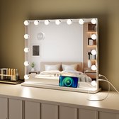 Royals Hollywood Spiegel 58x46CM - 15x Led Lampen - USB + USB-C Oplaadpoort - 10x Vergroting - 3 lichtstanden - Dimbaar - Smart Touch - hollywood spiegel met verlichting - Spiegel met verlichting - Make Up Spiegel