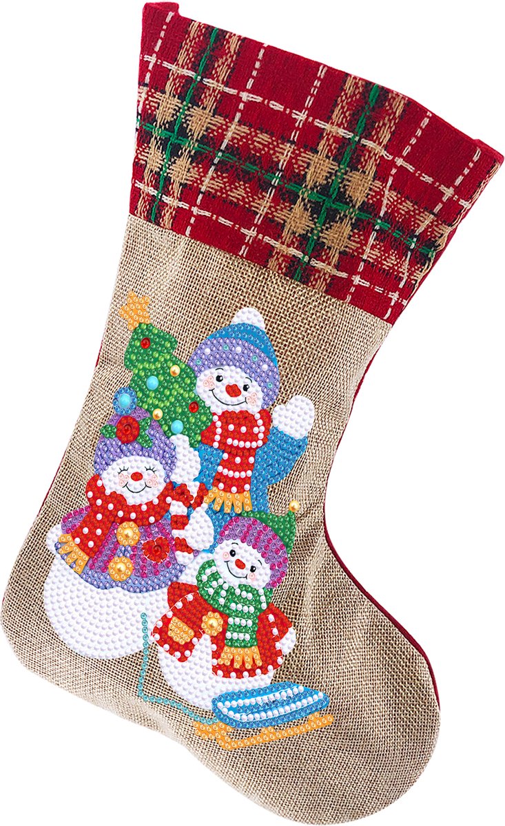Kerstsok - 23 Sneeuwpoppenfamilie - Diamond painting - compleet pakket - Diamond painting by Wietske