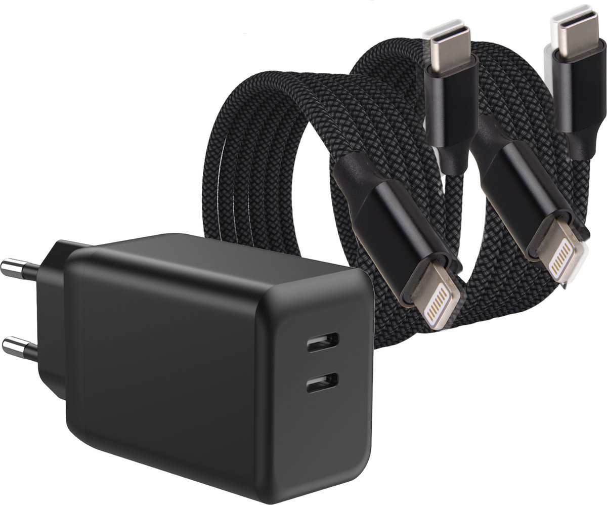 Usb c oplader geschikt voor iPhone 14 13 12 11 X Xr Xs + Lightning naar usb-C kabel - 3 meter - 45 watt - 2 poorten - Snellader - Tegelijk opladen - Set