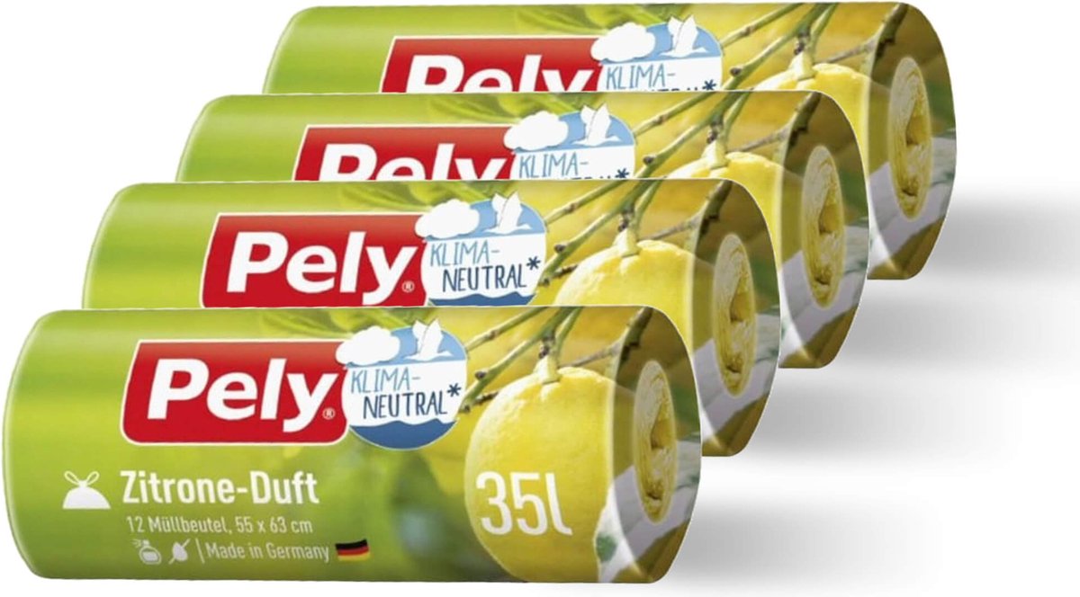 Pely® | 4 x 12 geparfumeerde afvalzakken | 35 liter | klimaatneutraal | trekband zakken | citrus geur | 55 x 63 cm