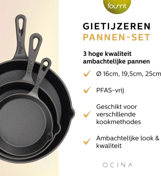 Ocina Gietijzeren Pannen Set voor BBQ en Inductie – 16cm – 19.5cm - 25cm – Koekenpan – Hapjespan - Skillet