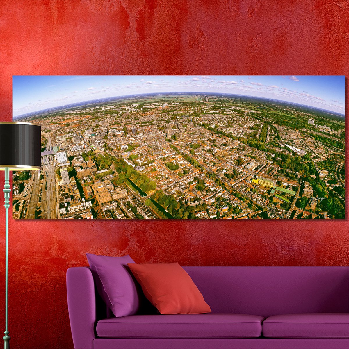 Utrecht in Panorama | 250 x 100 cm | Foto op Canvas | Luchtfoto | Wanddecoratie | Skyline | Bijzonder Gedetailleerd