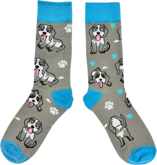 Tutti Footi - Sokken met Schattige Puppies/Honden - dames maat 36-40 - Vrolijke sokken voor hondenliefhebber grijs/blauw