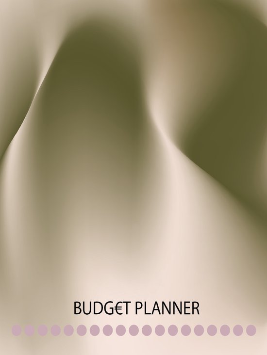 Budget planner met zachte, golvende lijnen in groen en beige tinten. Onderin de tekst 'BUDGET PLANNER' en roze stippen.