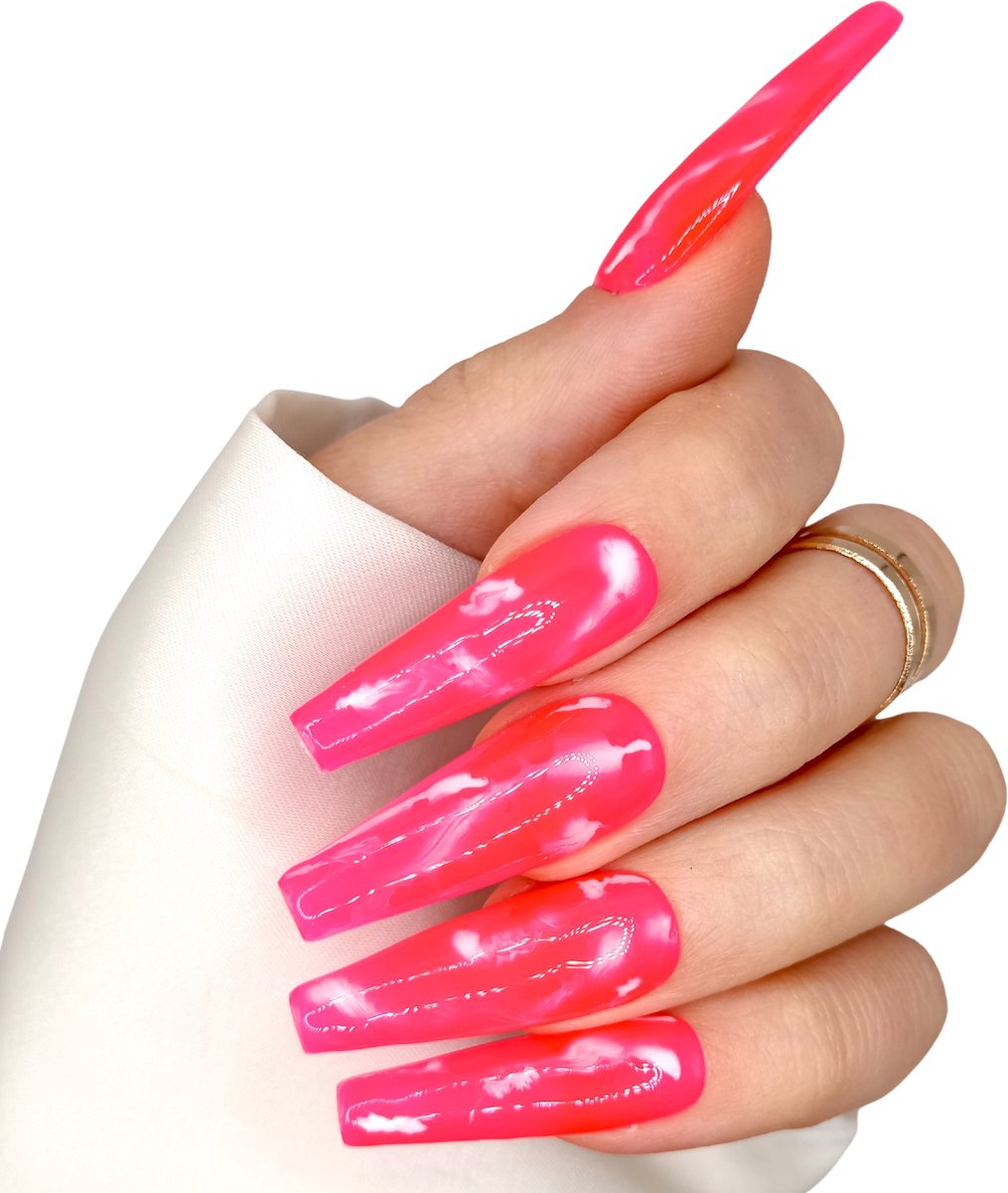 SD Press on Nails - B-224 - Plaknagels met nagellijm - XL Coffin -Roze marble - Set 20 Nagels - Cosplay - Nepnagels - Valse Nagels - Extreem lange nageltips - Nail Art - Handgemaakt - Roze nagels - Accessoires