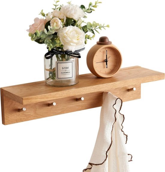 VITVITI Wandkapstok Met Plank En 5 Metalen Haken - Houten Organizer Voor Hal, Badkamer Of Keuken