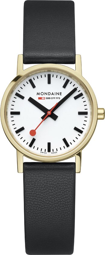 Gouden Mondaine horloge met witte wijzerplaat en zwarte leren band.