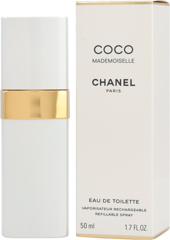 Witte Coco Mademoiselle Eau de Toilette 50 ml sprayfles naast de verpakking.