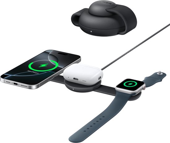 Anker MagGo 3-in-1 Vouwbare Draadloze Snellader - 15W Wireless Charger - Voor iPhone, Apple Watch en AirPods - Compact en Opvouwbaar Ontwerp - Zwart