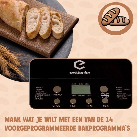 Zwarte broodmachine met open deksel, brood in de vorm. Bedieningspaneel met 14 bakprogramma's. Een stuk brood ernaast.