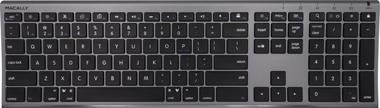 Spacegray toetsenbord met zwarte toetsen, recht van bovenaf bekeken.