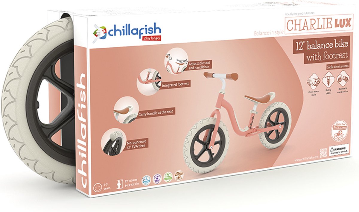 Chillafish Loopfiets 2 jaar - Lichtgewicht met verstelbaar zadel en stuur - Roze - Loopfiets voor meisjes tot 5 jaar met voetsteun, handvat om te dragen en 12" anti lek banden - Model Charlie Lux — afbeelding 6