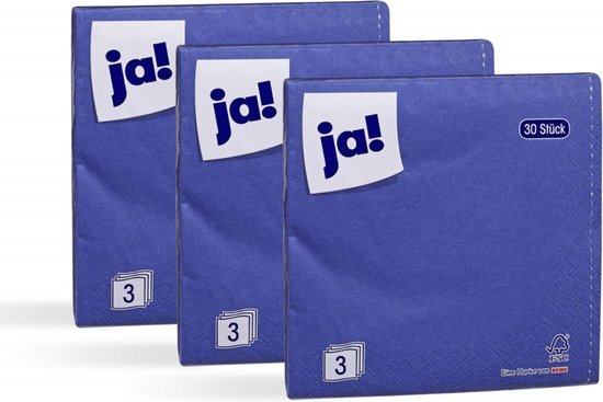 Drie verpakkingen met in totaal 90 blauwe drielaagse papieren servetten van het merk ja!.