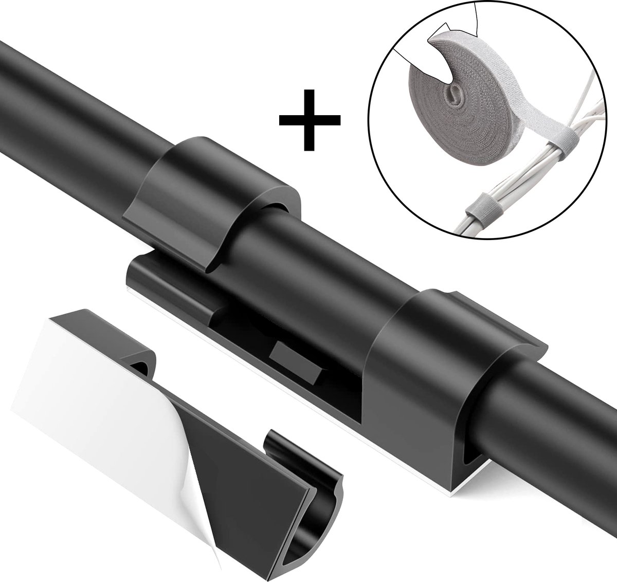 DOWO® - Zelfklevende Kabelclips - met klittenband - Kabelhouder - 3M Tape - Kabelbinders - Kabel Organisator - 50 stuks - Zwart - M (One Size)