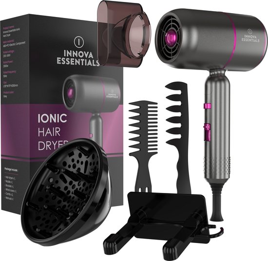 Innova Essentials® – Föhn – Ionische Haardroger – Föhn met diffuser – Inklapbaar – Inclusief drie opzetstukken – Met Ophangbeugel