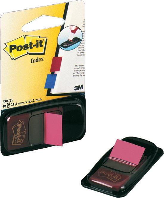 Post-it Index standaard, ft 25,4 x 43,2 mm, roze, houder met 50 tabs