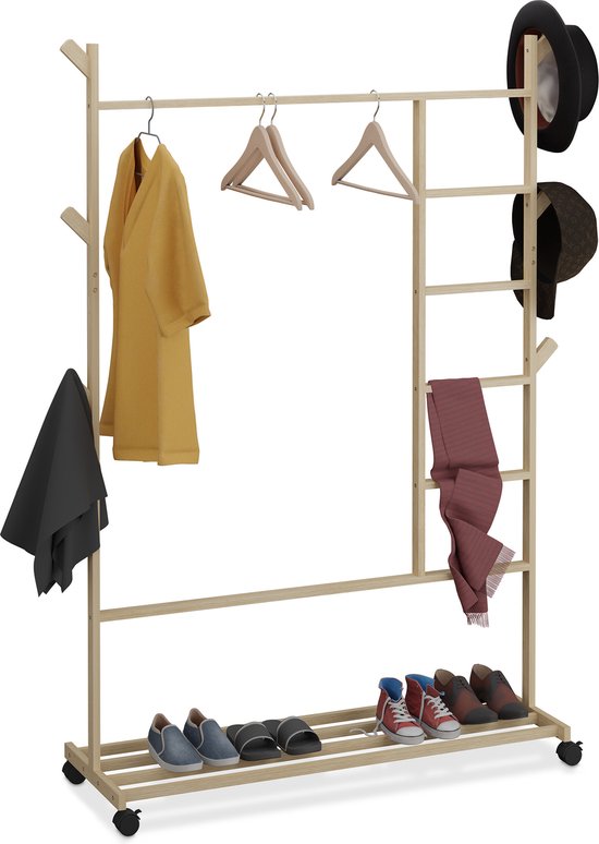Relaxdays kledingrek voor kinderen, HBD 98,5 x 62 x 40 cm, 3 kledinghangers, vak, kinderkamer, kledingstandaard, natuur