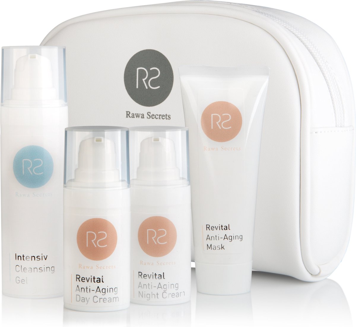 Goedkoopste Rawa Secrets Travelset Revital Anti-Aging | Dagcrème | nachtcrème | cleansing gel | cleansing tonic | anti-aging | reining, verstevigt en herstelt de huid | mee op reis | vakantie verpakking | rijpere huid