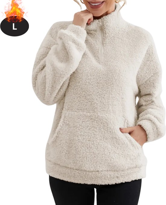Bovista Teddytrui Dames - Teddy Sweater - Fluffy Trui - Hoodie - Winter - Quarter Zipper - Fleece - Abrikoos - Maat L