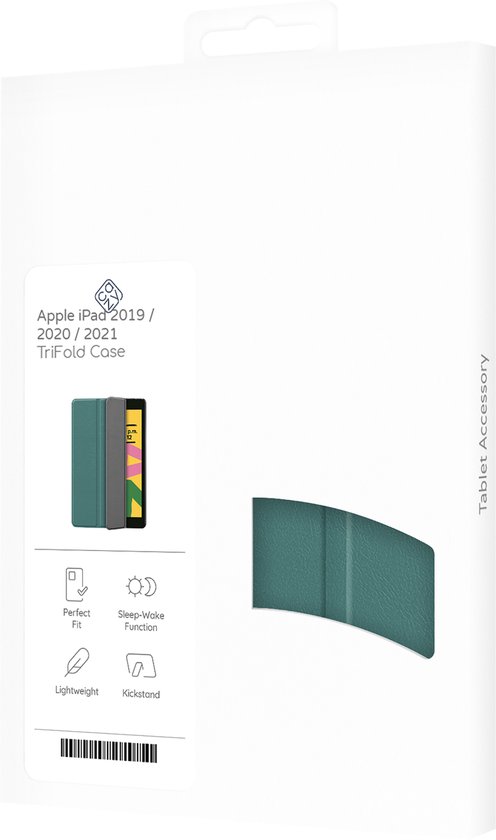 Verpakking van een groene iPad TriFold hoes, met een afbeelding van de hoes en de tablet.