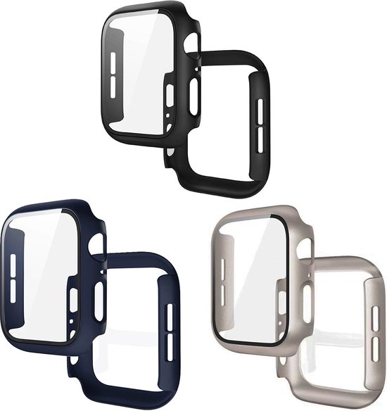Stravo Set van 3 Full Cover/Hoesje - Screen Protector - Geschikt voor Apple Watch Series 10 & Series 11 - 46mm - Zwart / Middernachtblauw / Titanium - Bescherm Hoesje voor Apple Watch series 10 / X - maat 46mm - Hardcase - Protection