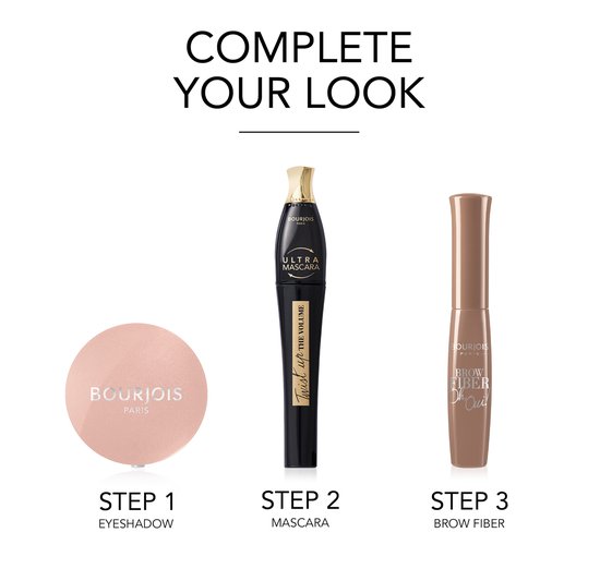 Bourjois oogschaduw, mascara en wenkbrauwvezel. Stap 1, 2, 3.