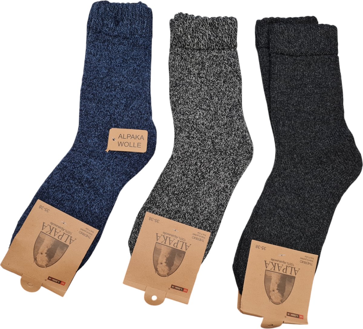 Alpaca Wollen Sokken- Huissokken - Wintersokken - Thermosokken - 3Pack - Blauw Grijs Zwart - 35-38